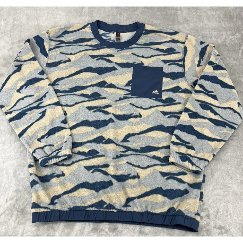 Adidas Camo Fleece Sweatshirt Men XL Blue Crew Neck Stretch Long Sleeve Pullover